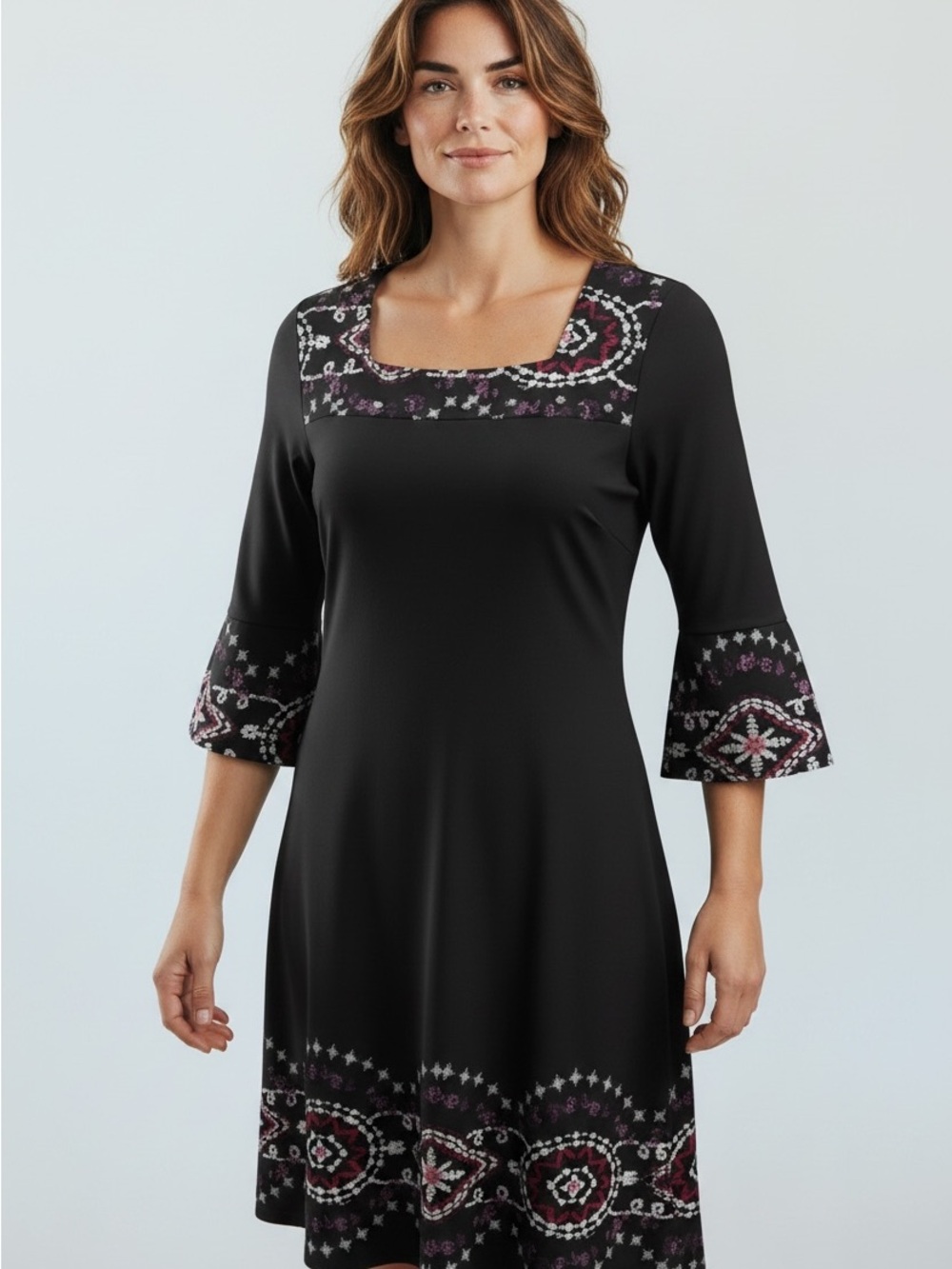 Black Long Sleeve Embroidered Midi Dress
